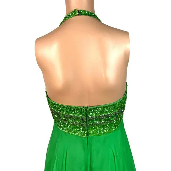 Vintage 1970's Mike Benet Formals Green Halter Beaded Evening Gown Size 7 - Picture 6 of 12